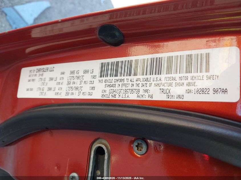 2009 Dodge Ram 1500 Slt/Sport/Trx VIN: 1D3HV13T19S735739 Lot: 43692026