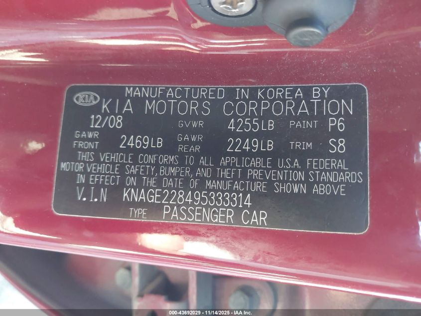 2009 Kia Optima Lx VIN: KNAGE228495333314 Lot: 43692029