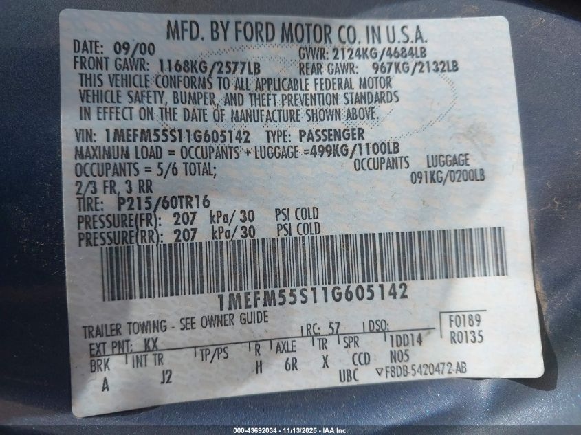 2001 Mercury Sable Ls Premium VIN: 1MEFM55S11G605142 Lot: 43692034