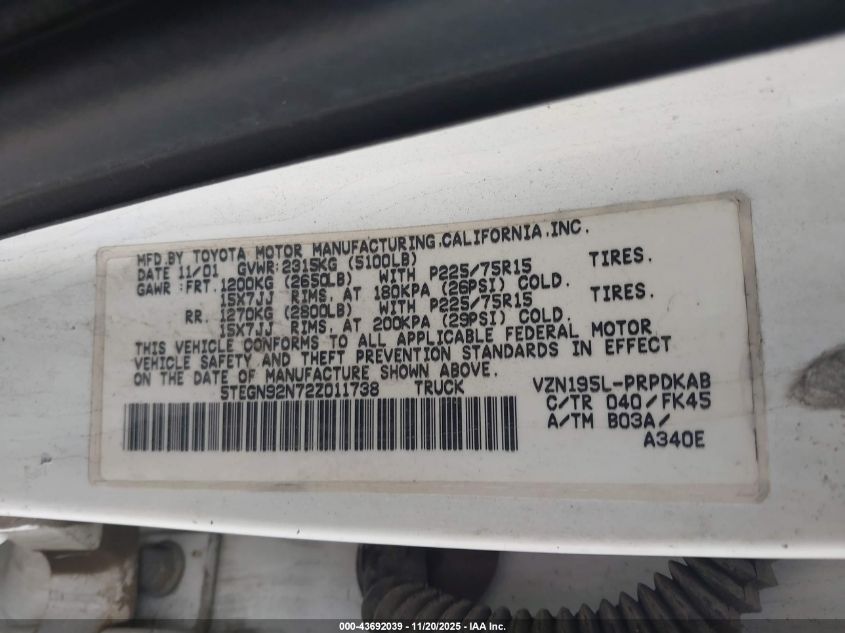 2002 Toyota Tacoma Prerunner V6 VIN: 5TEGN92N72Z011738 Lot: 43692039