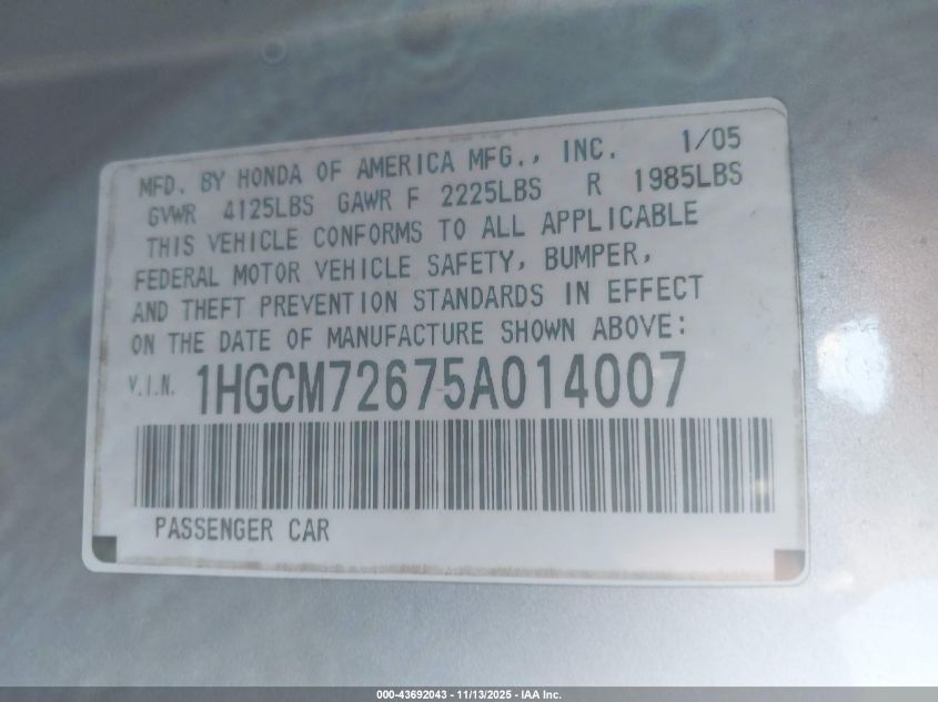 2005 Honda Accord 2.4 Ex VIN: 1HGCM72675A014007 Lot: 43692043