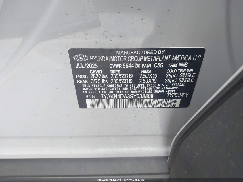 2025 Hyundai Ioniq 5 Sel VIN: 7YAKN4DA3SY038808 Lot: 43692044