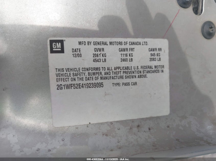 2G1WF52E419239095 2001 CHEVROLET IMPALA photo no. 9