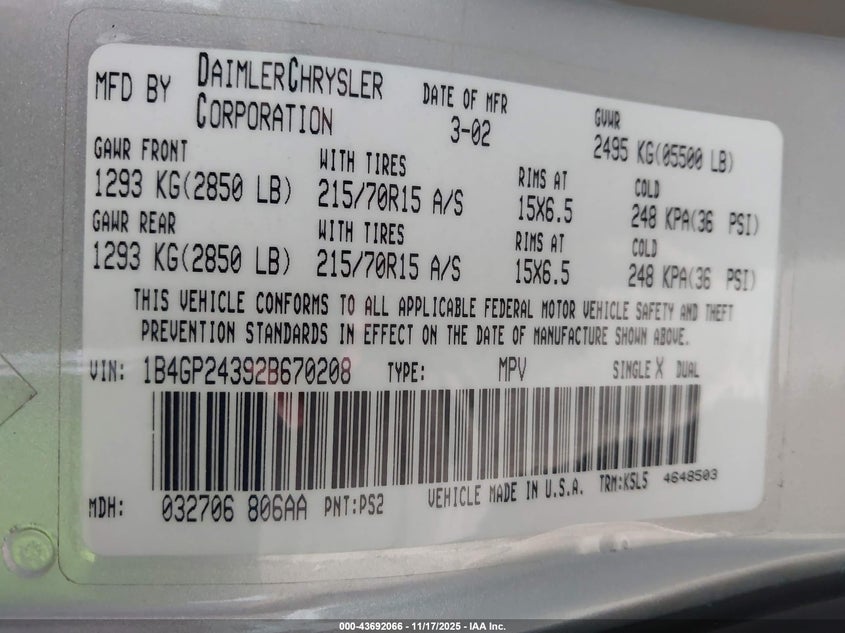 2002 Dodge Grand Caravan Se VIN: 1B4GP24392B670208 Lot: 43692066