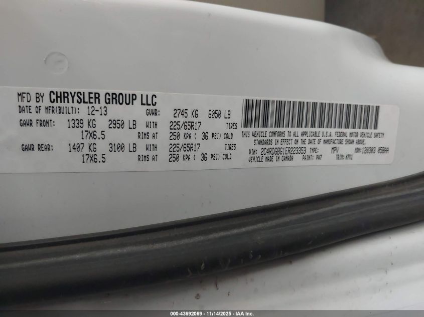 2014 Dodge Grand Caravan Se 30Th Anniversary VIN: 2C4RDGBG1ER223353 Lot: 43692069