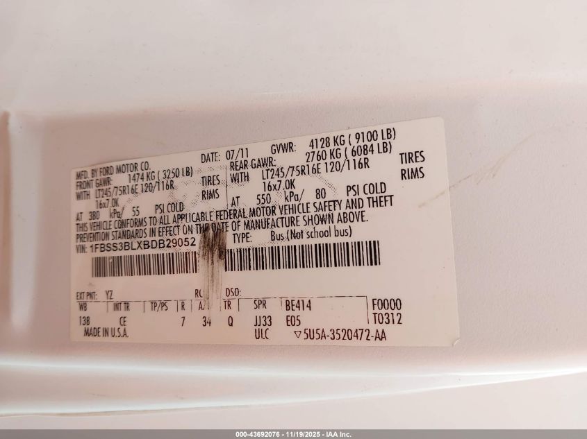 2011 Ford E-350 Super Duty Xl VIN: 1FBSS3BLXBDB29052 Lot: 43692076