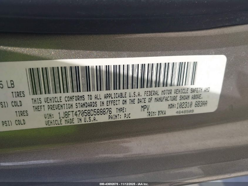 2008 Jeep Compass Sport VIN: 1J8FT47058D588876 Lot: 43692078