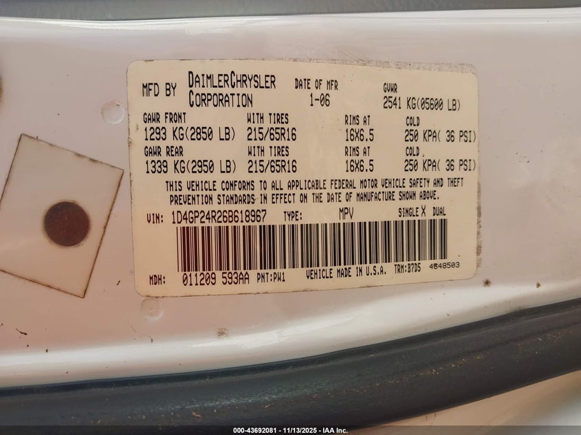 2006 Dodge Grand Caravan Se VIN: 1D4GP24R26B618967 Lot: 43692081