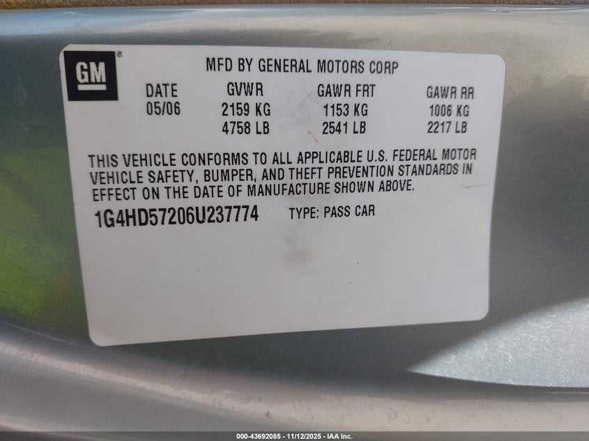 2006 Buick Lucerne Cxl VIN: 1G4HD57206U237774 Lot: 43692085