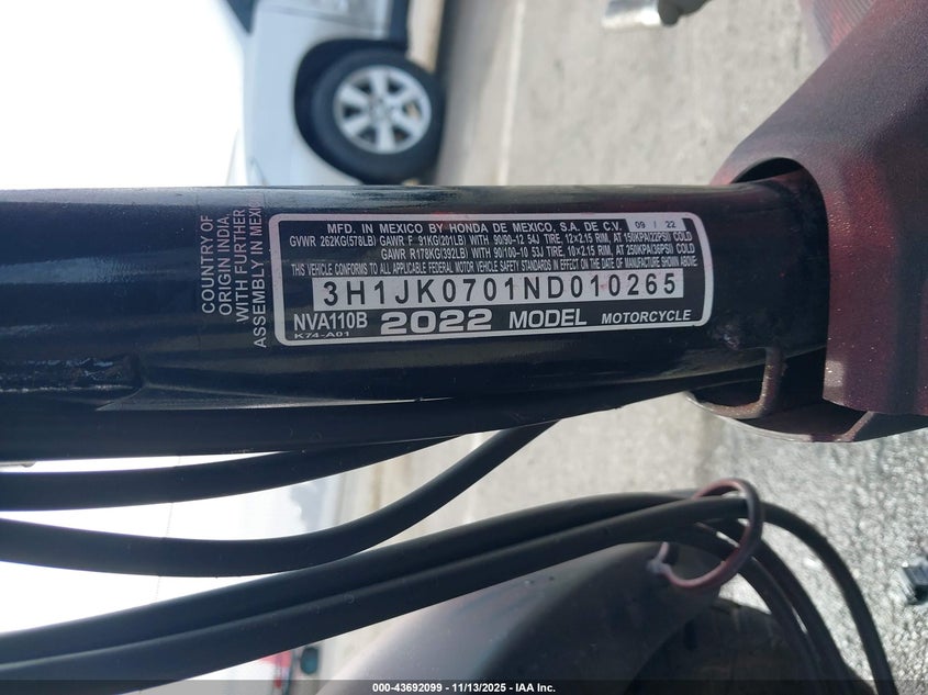 2022 Honda Nva110 B VIN: 3H1JK0701ND010265 Lot: 43692099