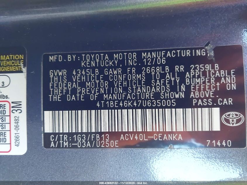 2007 Toyota Camry Le VIN: 4T1BE46K47U635005 Lot: 43692122