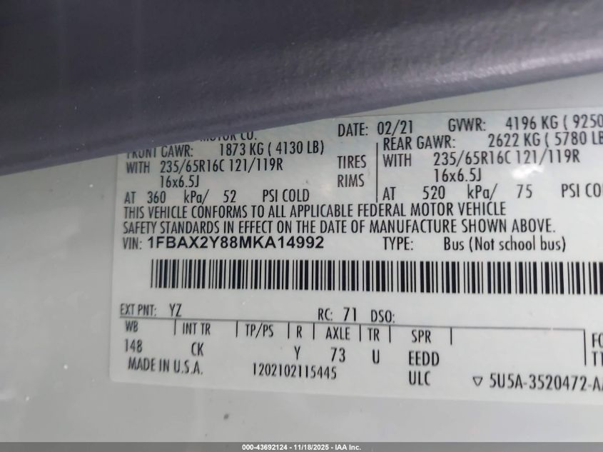 2021 Ford Transit-350 Passenger Van Xlt VIN: 1FBAX2Y88MKA14992 Lot: 43692124