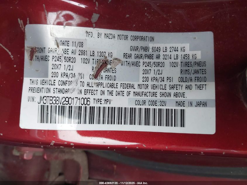 2009 Mazda Cx-9 Grand Touring VIN: JM3TB38V290171006 Lot: 43692135