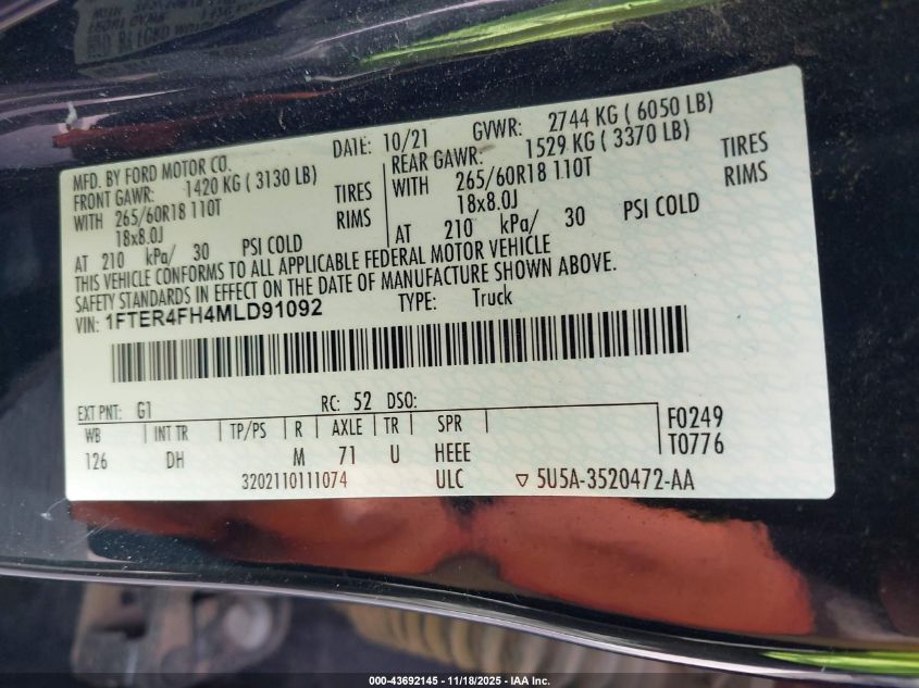 2021 Ford Ranger Lariat VIN: 1FTER4FH4MLD91092 Lot: 43692145
