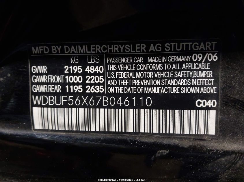 2007 Mercedes-Benz E 350 VIN: WDBUF56X67B046110 Lot: 43692147