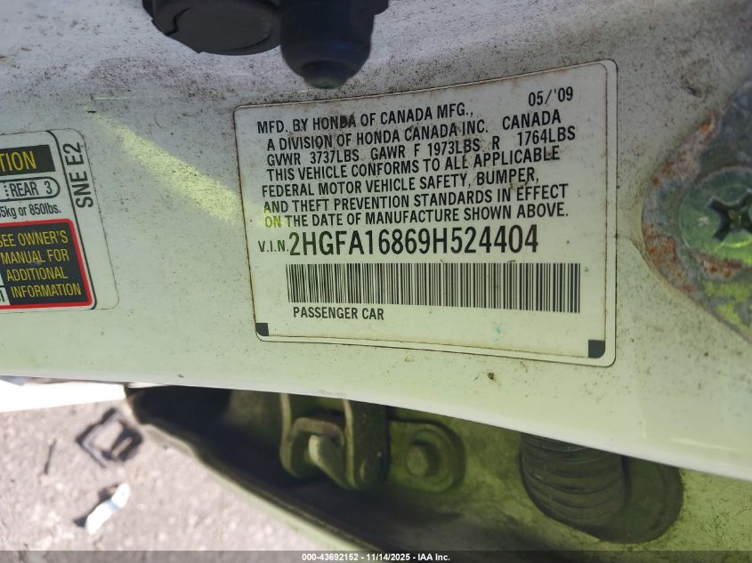2009 Honda Civic Ex VIN: 2HGFA16869H524404 Lot: 43692152