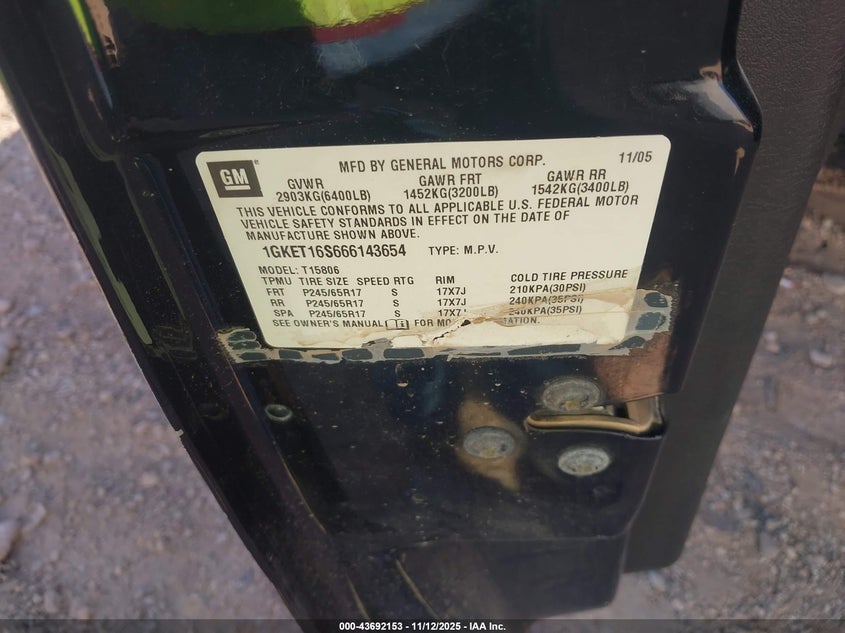 2006 GMC Envoy Xl Sle VIN: 1GKET16S666143654 Lot: 43692153