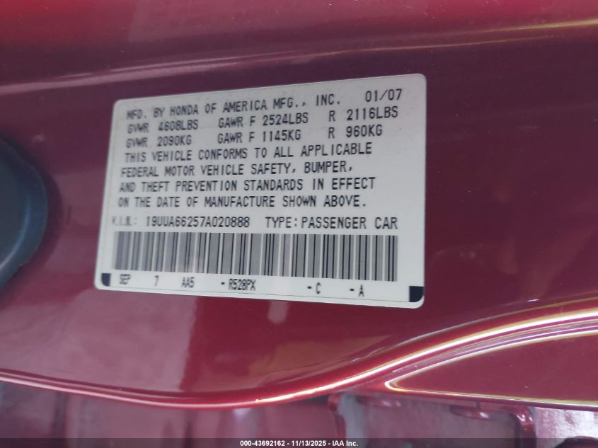 2007 Acura Tl 3.2 VIN: 19UUA66257A020888 Lot: 43692162