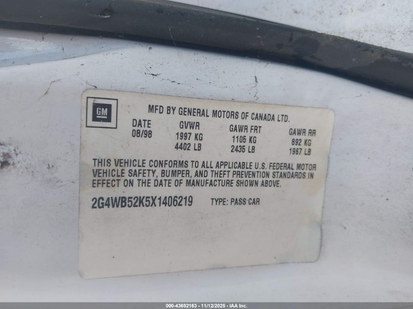 1999 Buick Regal Ls VIN: 2G4WB52K5X1406219 Lot: 43692163