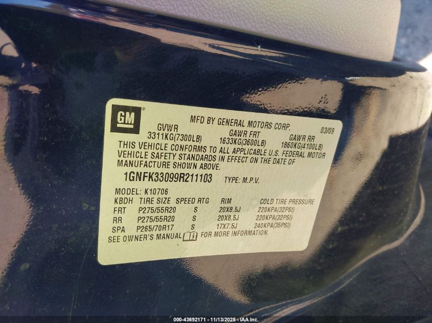 2009 Chevrolet Tahoe Ltz VIN: 1GNFK33099R211103 Lot: 43692171