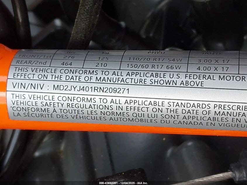 2024 Ktm 390 Rc VIN: MD2JYJ401RN209271 Lot: 43692201