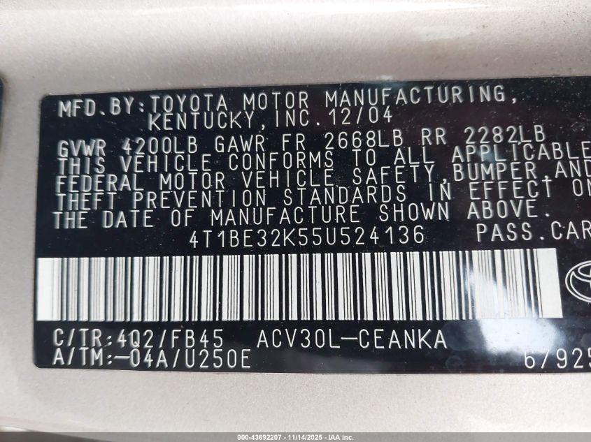 2005 Toyota Camry Le VIN: 4T1BE32K55U524136 Lot: 43692207