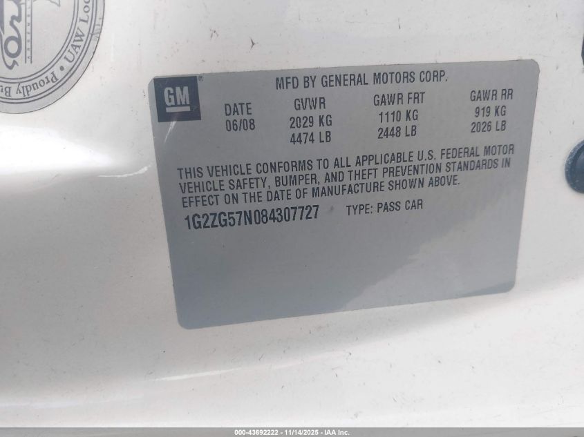 2008 Pontiac G6 VIN: 1G2ZG57N084307727 Lot: 43692222
