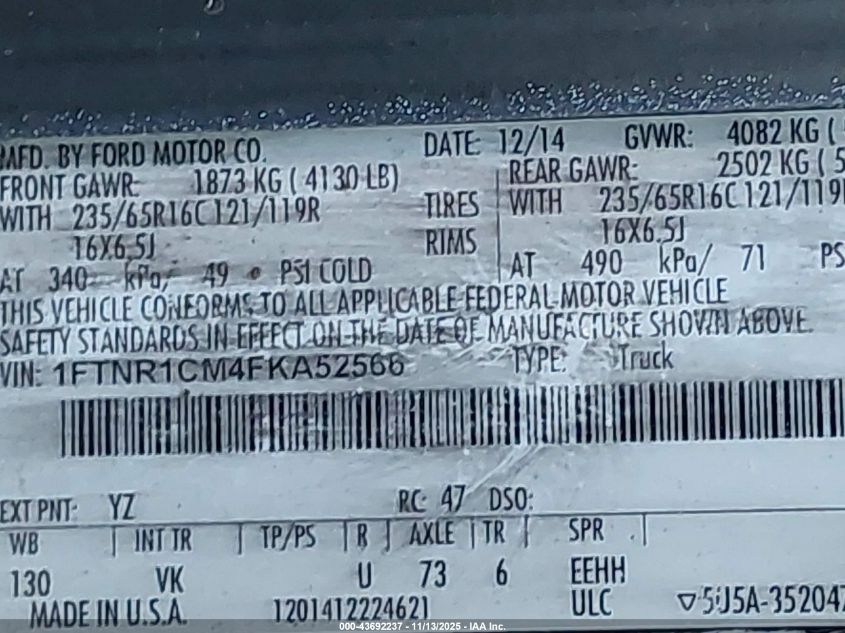 2015 Ford Transit-250 VIN: 1FTNR1CM4FKA52566 Lot: 43692237