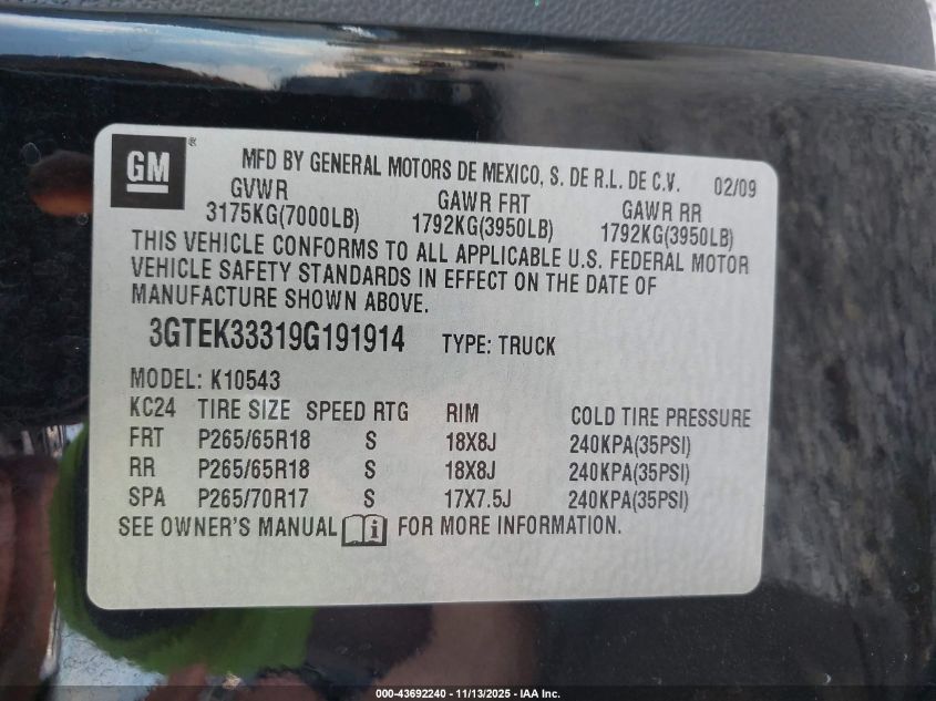 2009 GMC Sierra 1500 Slt VIN: 3GTEK33319G191914 Lot: 43692240