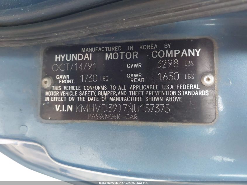 1992 Hyundai Excel Gs VIN: KMHVD32J7NU157375 Lot: 43692256