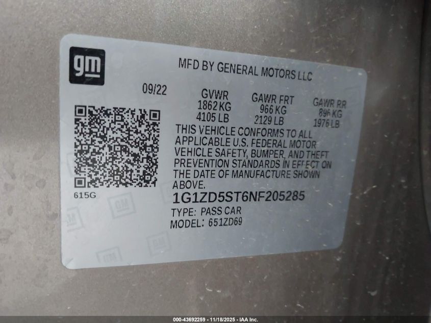 2022 Chevrolet Malibu Fwd Lt VIN: 1G1ZD5ST6NF205285 Lot: 43692259