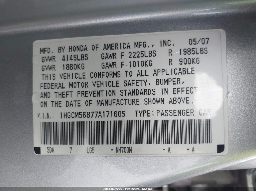 1HGCM56877A171605 2007 HONDA ACCORD photo no. 9
