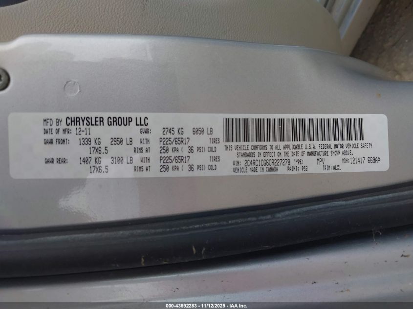 2012 Chrysler Town & Country Touring-L VIN: 2C4RC1CG6CR227278 Lot: 43692283