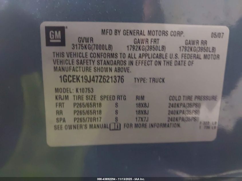 2007 Chevrolet Silverado 1500 Lt2 VIN: 1GCEK19J47Z621376 Lot: 43692294