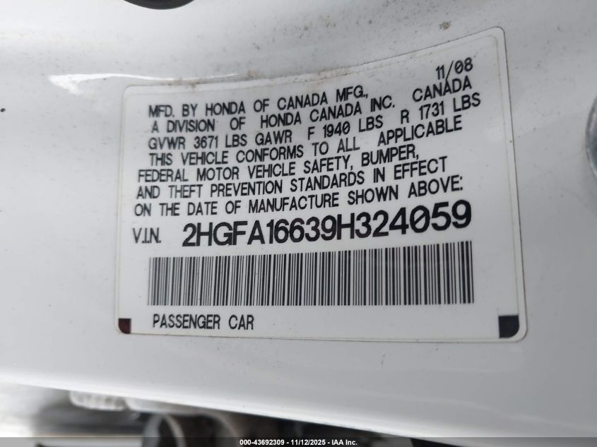 2009 Honda Civic Lx-S VIN: 2HGFA16639H324059 Lot: 43692309