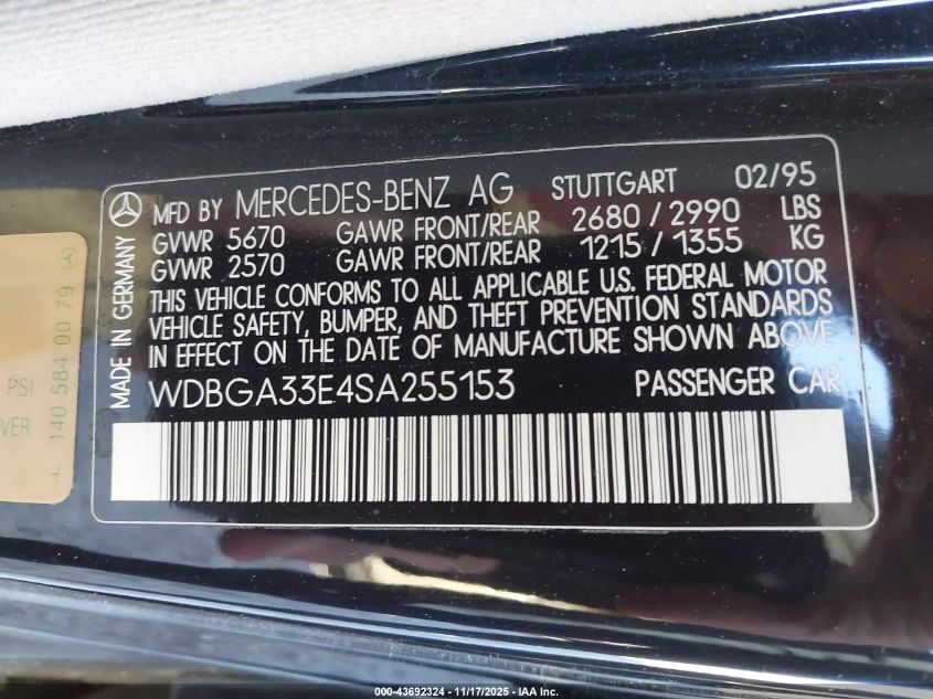 1995 Mercedes-Benz S 320 VIN: WDBGA33E4SA255153 Lot: 43692324