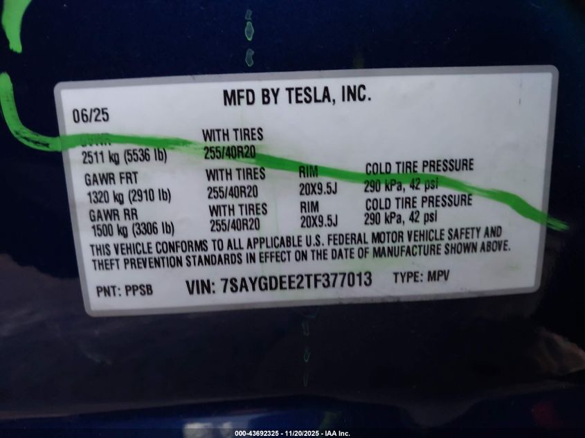 2026 Tesla Model Y Long Range Dual Motor All-Wheel Drive/Long Range Launch Series VIN: 7SAYGDEE2TF377013 Lot: 43692325