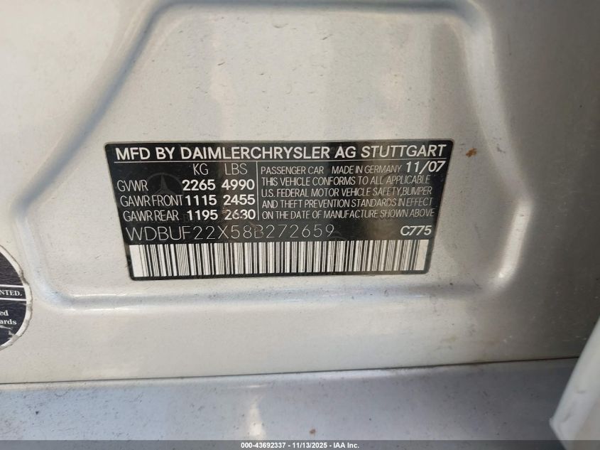 2008 Mercedes-Benz E 320 Bluetec VIN: WDBUF22X58B272659 Lot: 43692337