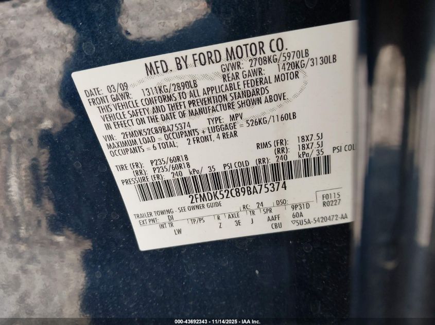 2009 Ford Flex Sel VIN: 2FMDK52C89BA75374 Lot: 43692343