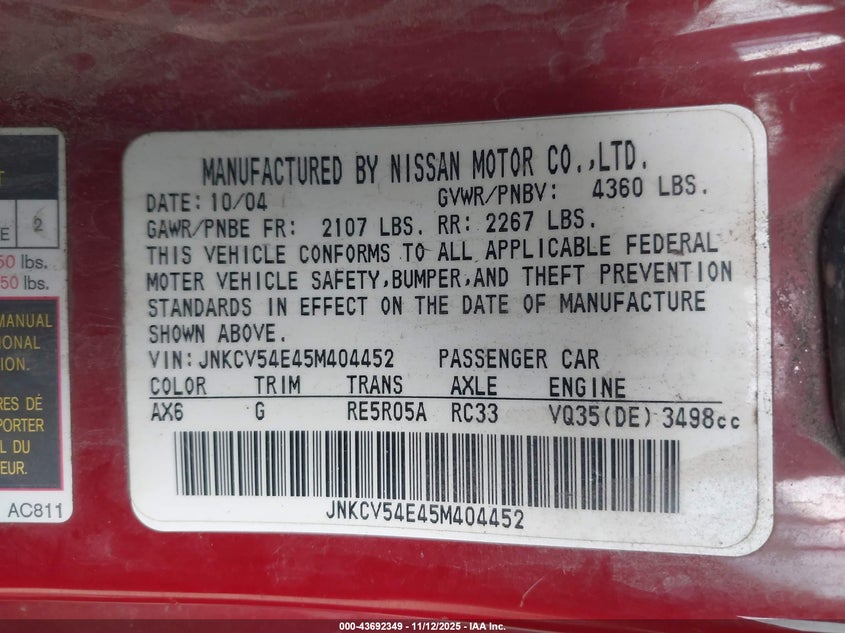 2005 Infiniti G35 VIN: JNKCV54E45M404452 Lot: 43692349