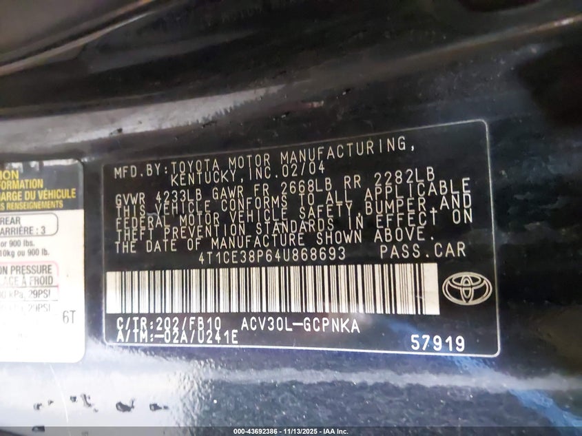 2004 Toyota Camry Solara Se VIN: 4T1CE38P64U868693 Lot: 43692386