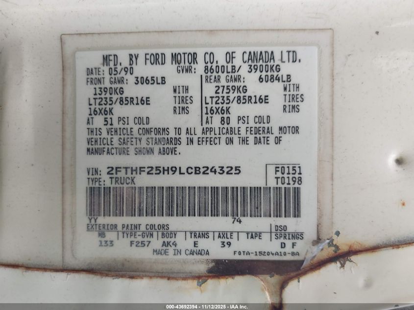 1990 Ford F250 VIN: 2FTHF25H9LCB24325 Lot: 43692394
