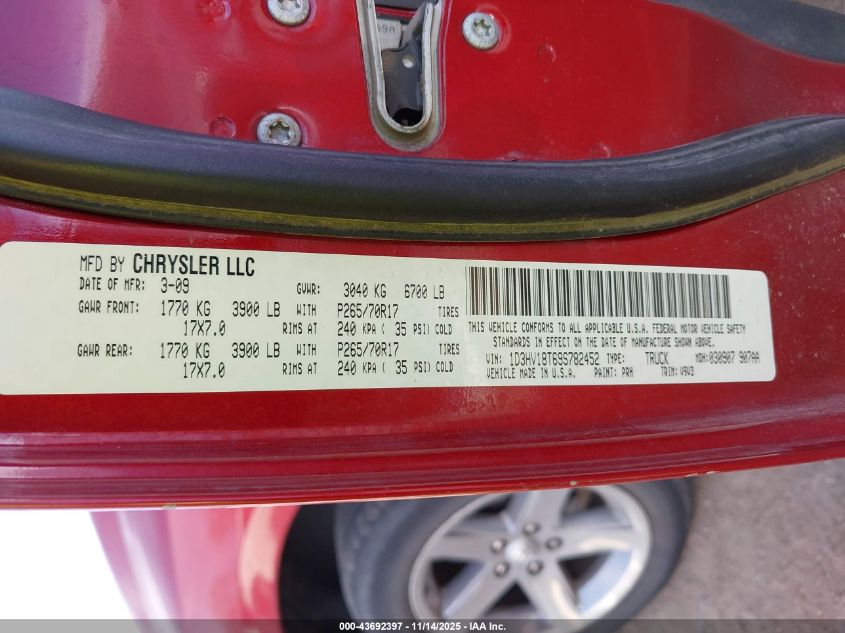 2009 Dodge Ram 1500 Slt/Sport/Trx VIN: 1D3HV18T69S782452 Lot: 43692397