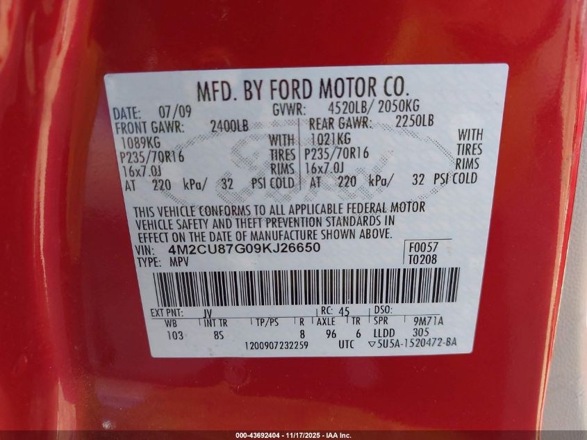 2009 Mercury Mariner Premier V6 VIN: 4M2CU87G09KJ26650 Lot: 43692404
