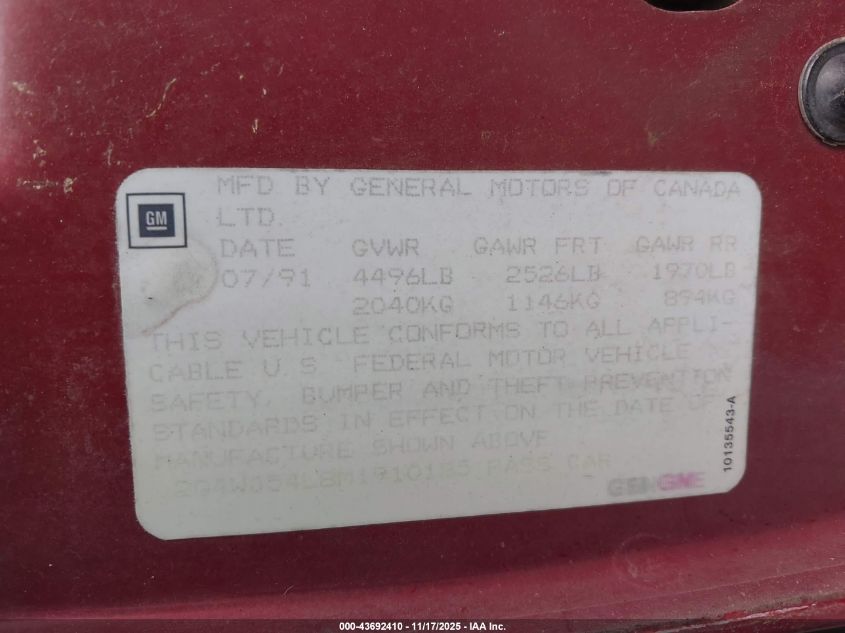 1991 Buick Regal Custom VIN: 2G4WB54L8M1910135 Lot: 43692410