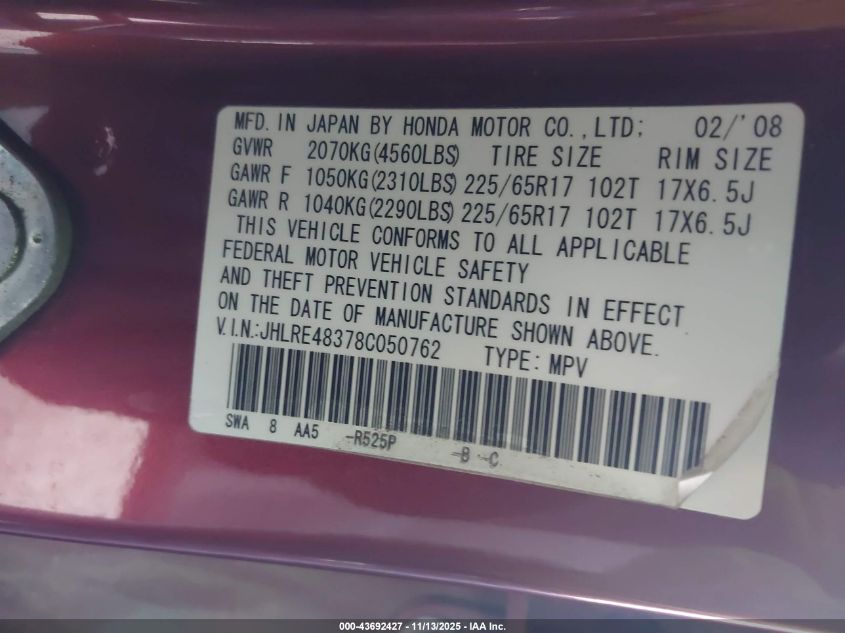 2008 Honda Cr-V Lx VIN: JHLRE48378C050762 Lot: 43692427