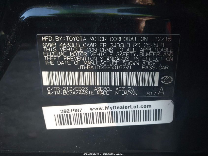 2016 Lexus Is 200T VIN: JTHBA1D25G5015791 Lot: 43692428