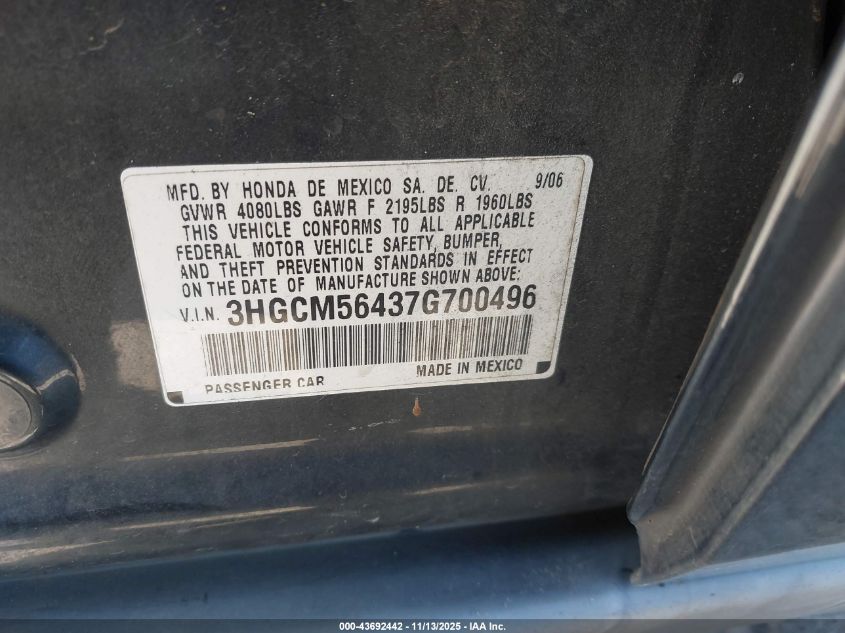 2007 Honda Accord 2.4 Lx VIN: 3HGCM56437G700496 Lot: 43692442