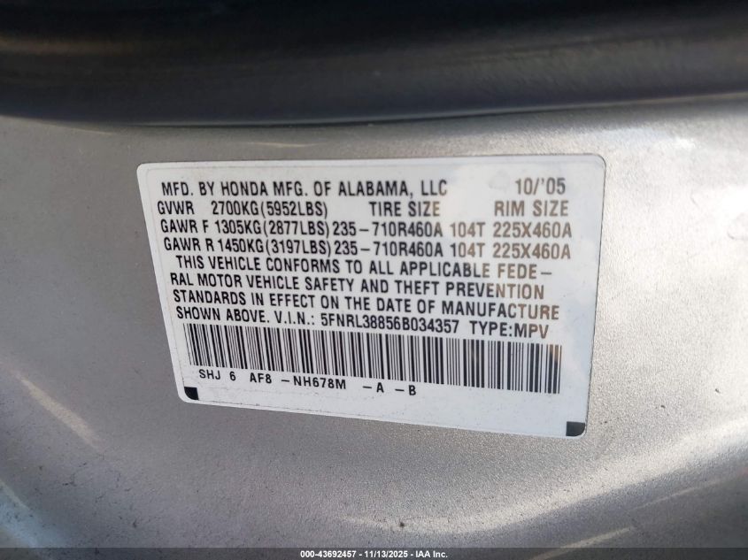 2006 Honda Odyssey Touring VIN: 5FNRL38856B034357 Lot: 43692457