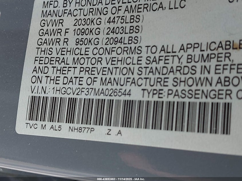 1HGCV2F37MA026544 2021 HONDA ACCORD photo no. 9